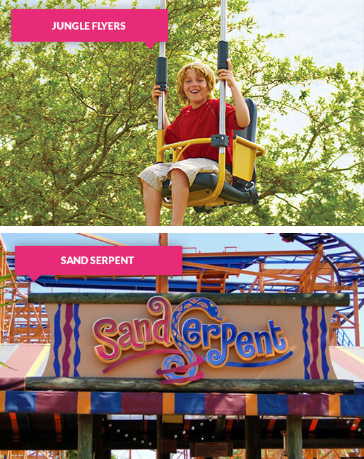 Boy on the Jungle Flyers zip line and the Sand Serpent entrance