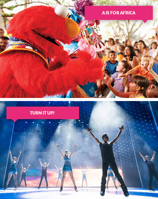 Elmo with children and dancers on stage at Busch Gardens