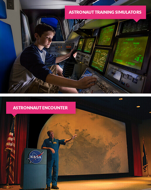 Boy in astronaut training simulator and real astronaut on stage